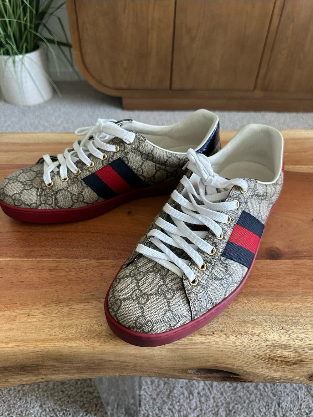 Gucci Beige GG Canvas Sneaker with Red & Navy Web Stripe